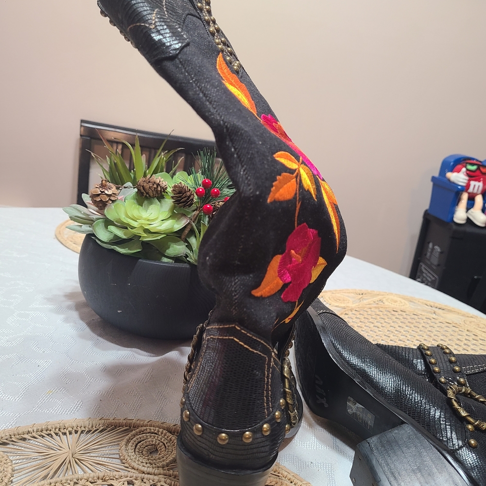 J.Renee Black Heeled Boots with Pink & Orange Floral Embroidery - Picture 3 of 7